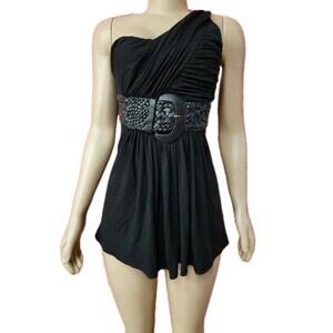 Sky The Label Women's Top Blouse Size L One Shoulder with Leather Belt Black #C3